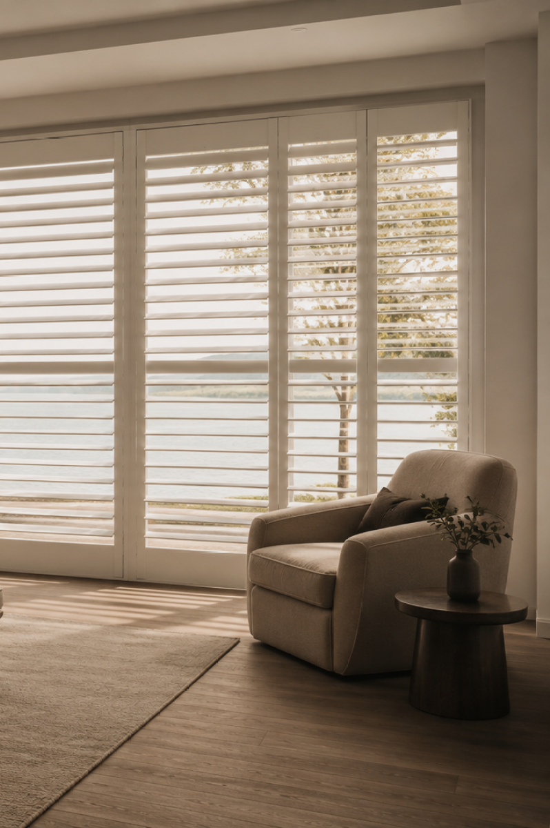 90 degree Corner Window Plantation Shutter